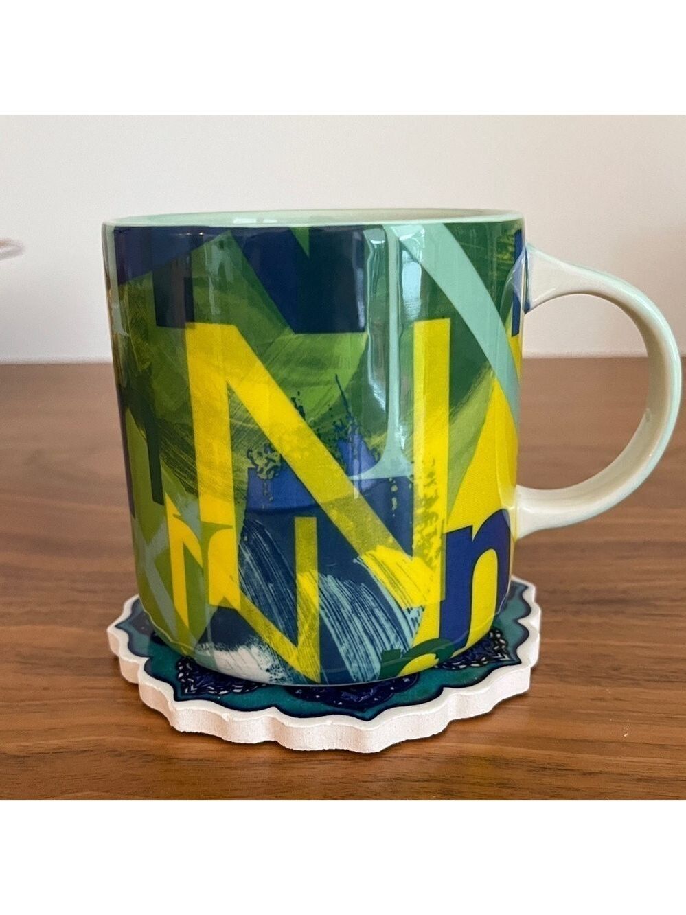 Anthropologie Ceramic Green Blue Lottie Monogram Letter N Coffee Tea Mug 12oz